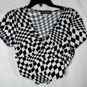 OMT Fashion Women's Black White Plaid Skater Crop Top Shirt Tie Back‎ Size Large